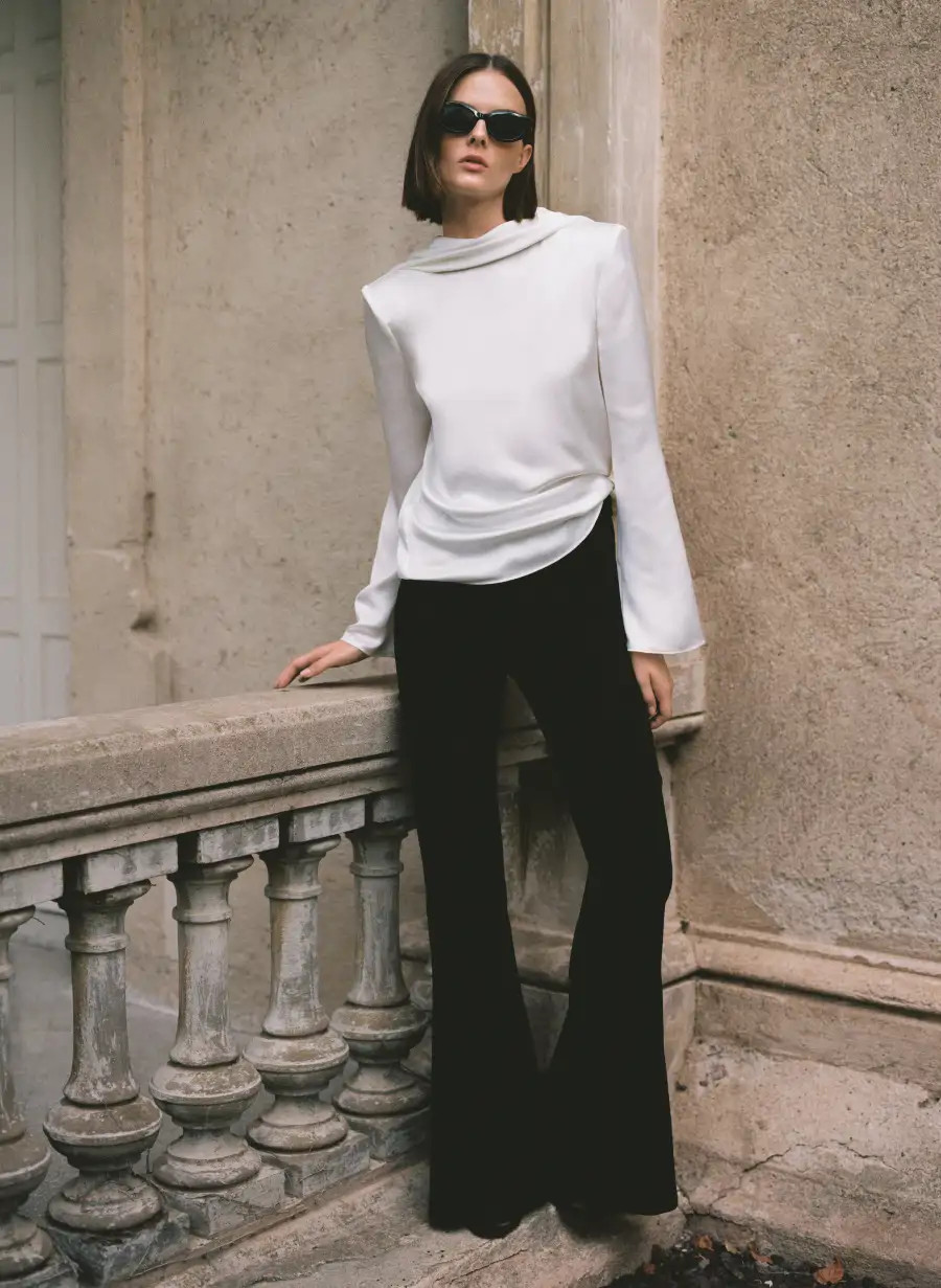 Black Wide-Leg Trousers with Ivory Satin Cowl Neck Top and Blazer Black Wide-Leg Trousers with Ivory Satin Cowl Neck Top and Blazer — Skinny Flare Pants Outfits 2027