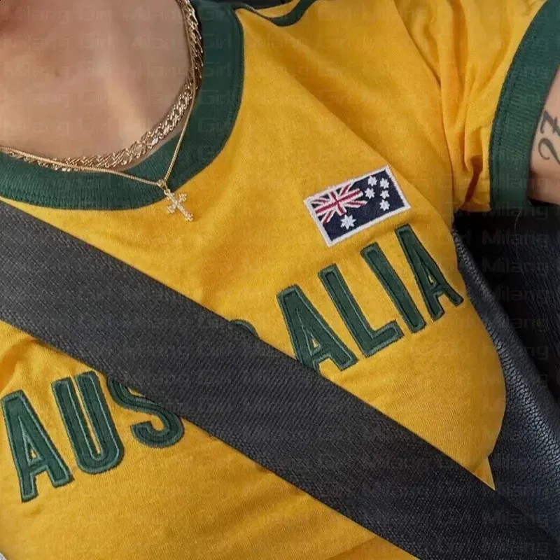 Yellow 'AUSTRALIA' Ringer Tee for Casual Vibes Yellow 'AUSTRALIA' Ringer Tee for Casual Vibes — Australia Outfits 2027