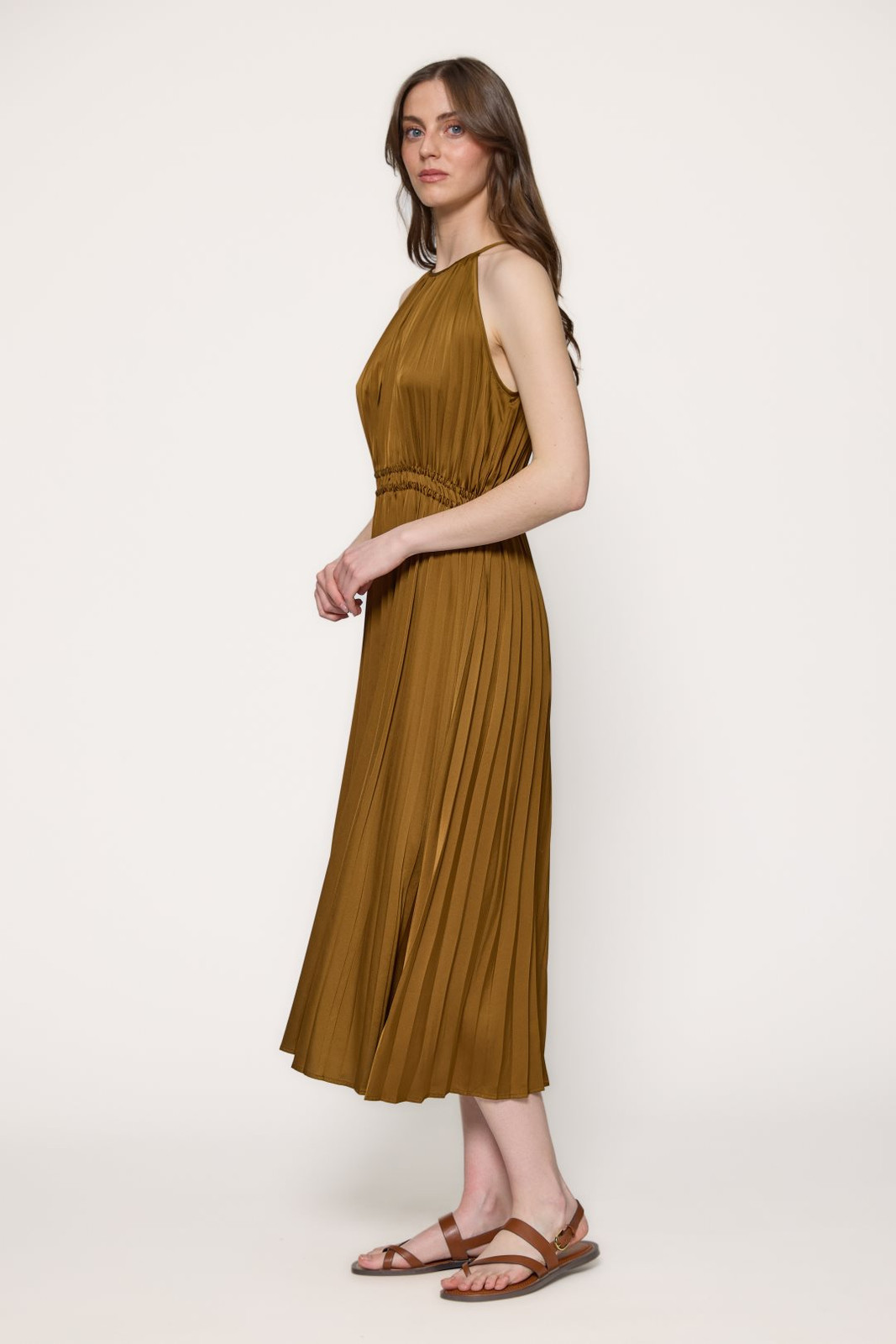 Evening Bronze Satin Halter Neck Dress with Pleated Skirt Evening Bronze Satin Halter Neck Dress with Pleated Skirt — Pleated Dress 2027