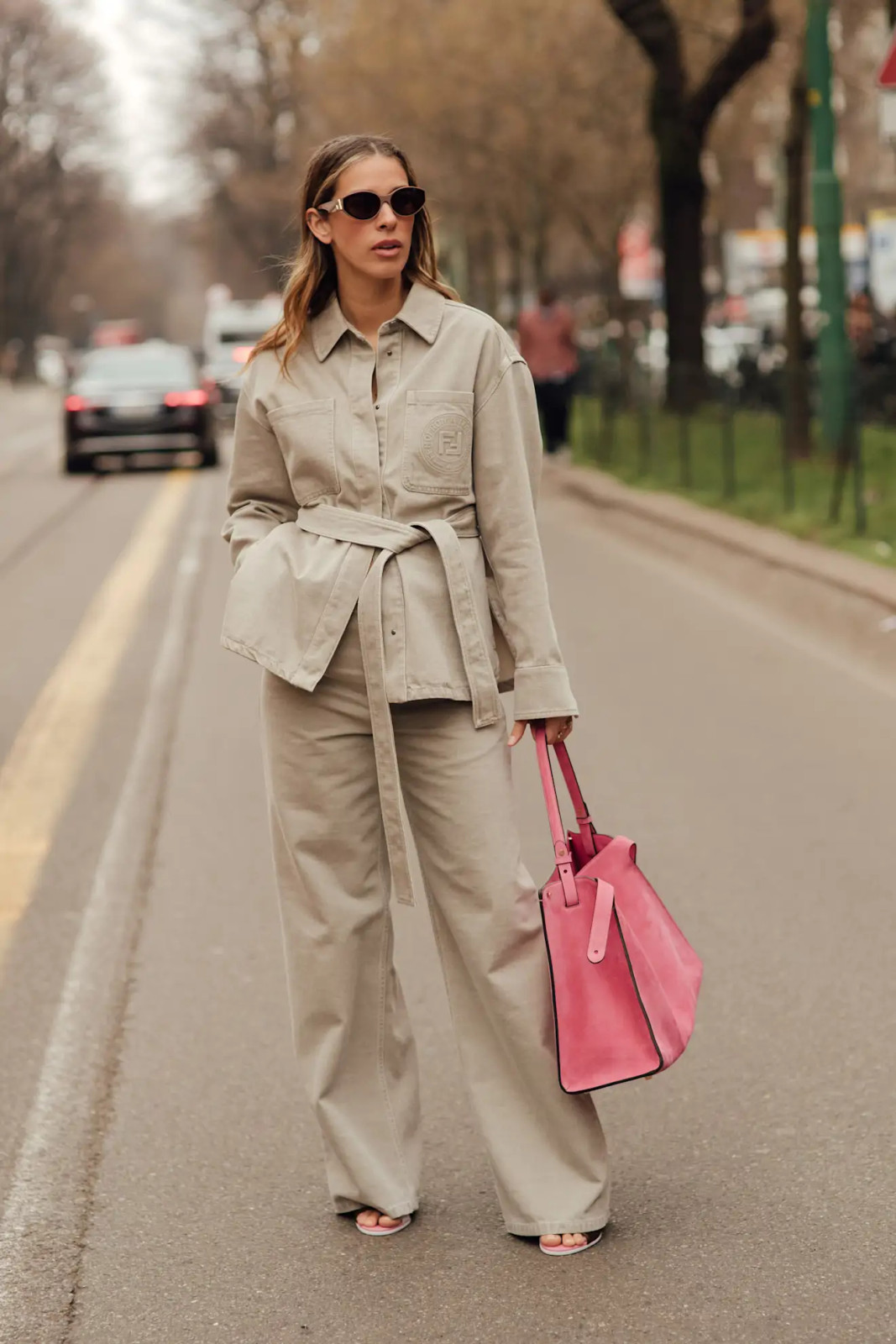 Beige Belted Jacket and Trousers with a Pink Tote Beige Belted Jacket and Trousers with a Pink Tote — Spring Teacher Outfits 2027