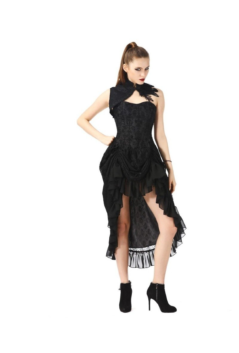 Dramatic Flair: Ruffled High-Low Skirt with Feathered Collar Dramatic Flair: Ruffled High-Low Skirt with Feathered Collar — Gothic Romantic Outfits 2027