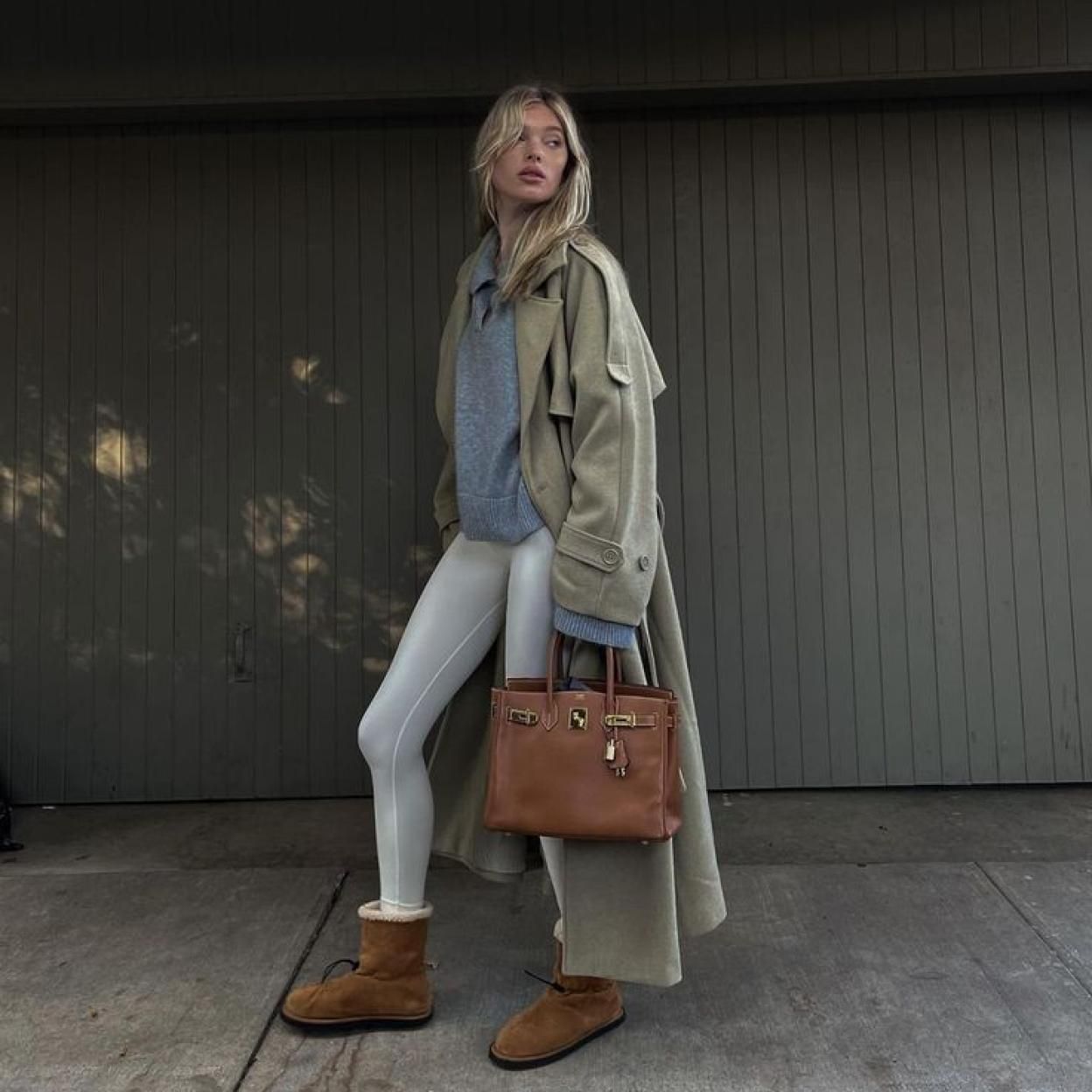 Shearling Trim Boots with Light Blue Sweater and Trench Coat Shearling Trim Boots with Light Blue Sweater and Trench Coat — Uggs Outfits 2027
