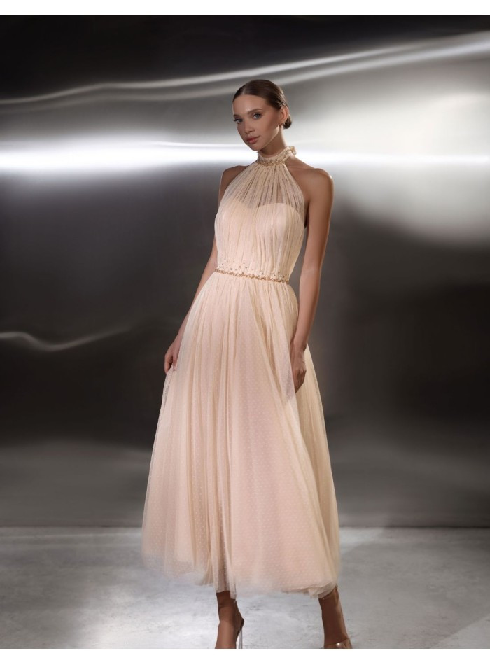 Pale Pink Tulle Halter Neck Dress with Pearl Embellishment Pale Pink Tulle Halter Neck Dress with Pearl Embellishment — Pleated Dress 2027