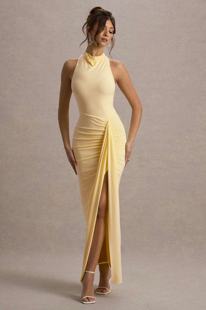 Pale Yellow Draped and Ruched Maxi Dress with High Slit Pale Yellow Draped and Ruched Maxi Dress with High Slit — Party Outfits 2027