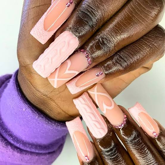 Cable Knit White Pink French Birthday Coffin Nails — Birthday Nails Coffin 2027