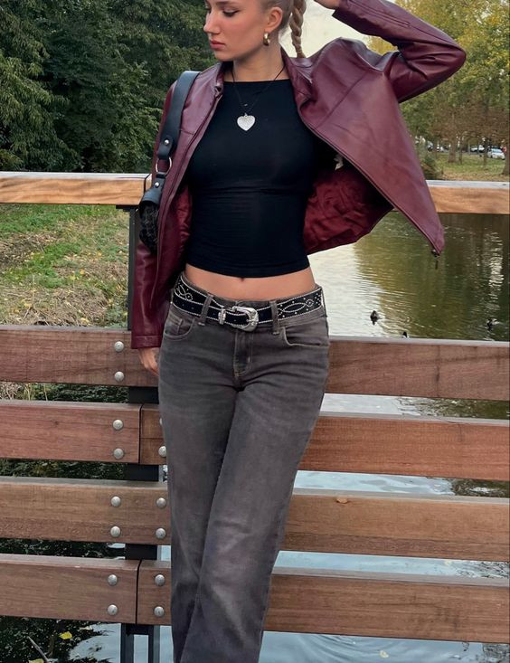 Burgundy Leather and Grey Denim: Casual Rockstar Chic Burgundy Leather and Grey Denim: Casual Rockstar Chic — Rockstar Girlfriend Outfits 2027