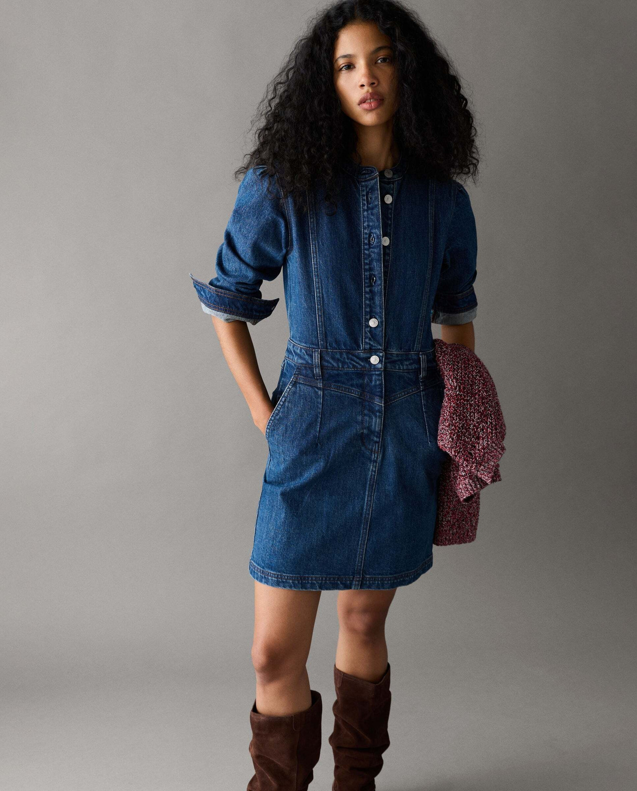 Dark Wash Denim Dress with Rolled Sleeves and Knit Cardigan Dark Wash Denim Dress with Rolled Sleeves and Knit Cardigan — Denim Dresses 2027