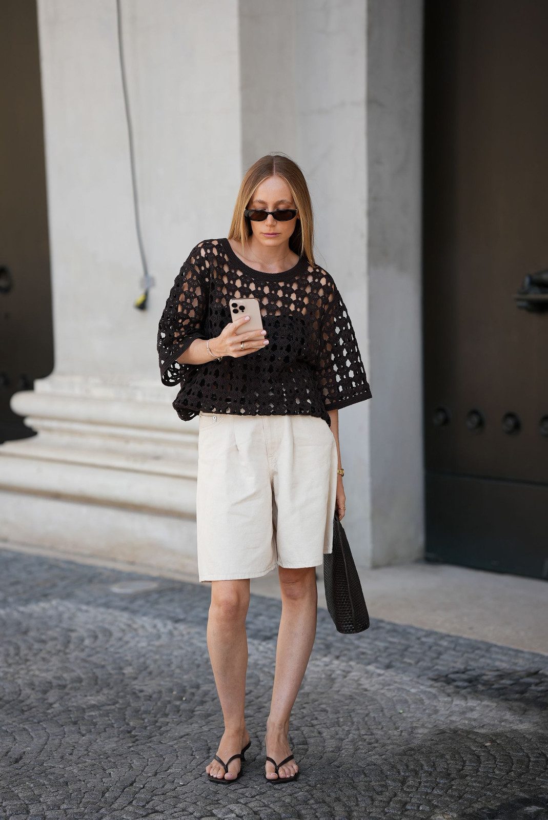 Taupe Linen Shorts with Oversized Vest and Black Heels Taupe Linen Shorts with Oversized Vest and Black Heels — Linen Shorts Outfits 2027