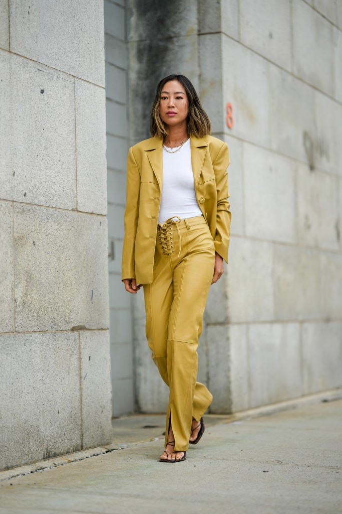 Mustard Yellow Flare Pants with Oversized Blazer and White Top Mustard Yellow Flare Pants with Oversized Blazer and White Top — Skinny Flare Pants Outfits 2027