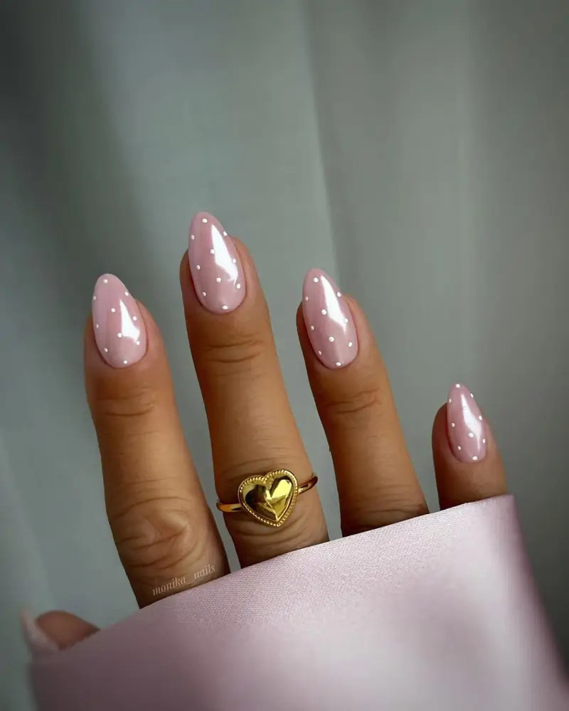 Pale Pink Polka Dot Almond Nails Pale Pink Polka Dot Almond Nails — Winter Pink Nails 2027