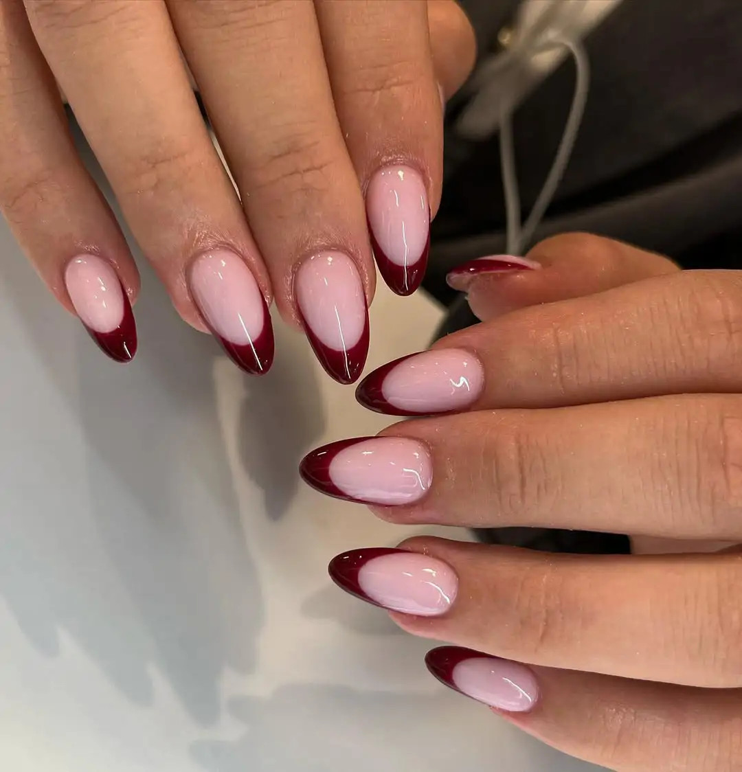 Deep Red French Tip Medium Almonds Deep Red French Tip Medium Almonds — Winter French Tip Nails 2027