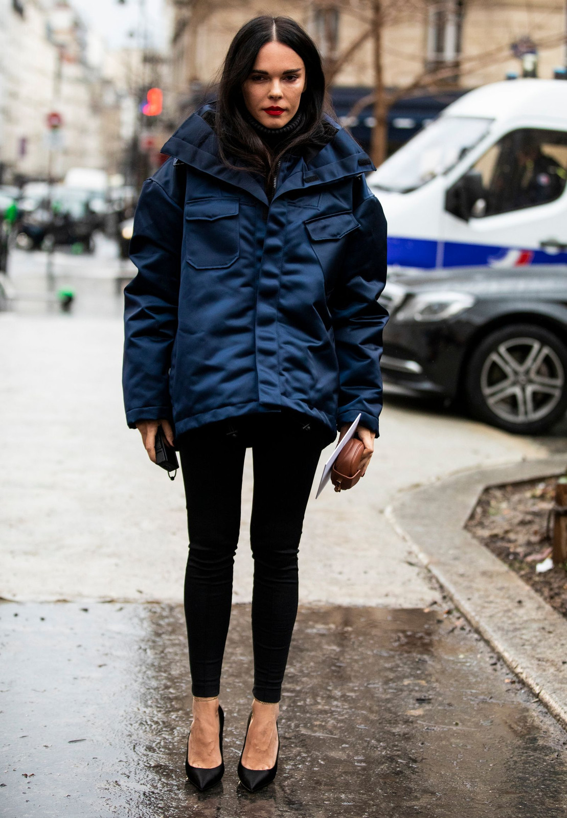 Navy Puffer Jacket with Black Turtleneck and Heels Navy Puffer Jacket with Black Turtleneck and Heels — Winter Navy Outfits 2027