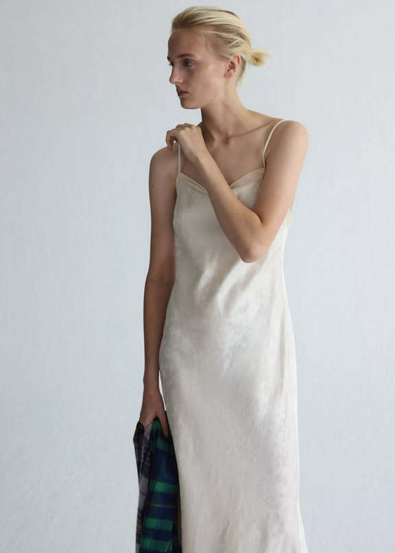 Subtle Jacquard Pattern on an Off-White Fitted Slip Dress Subtle Jacquard Pattern on an Off-White Fitted Slip Dress — Slip Dresses 2027