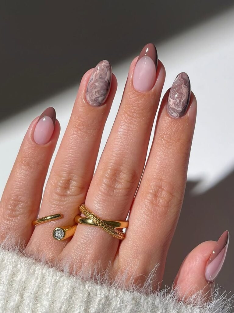 Brown Grey Marble Pink French Tip Oval Brown Grey Marble Pink French Tip Oval — Mocha Nails 2027