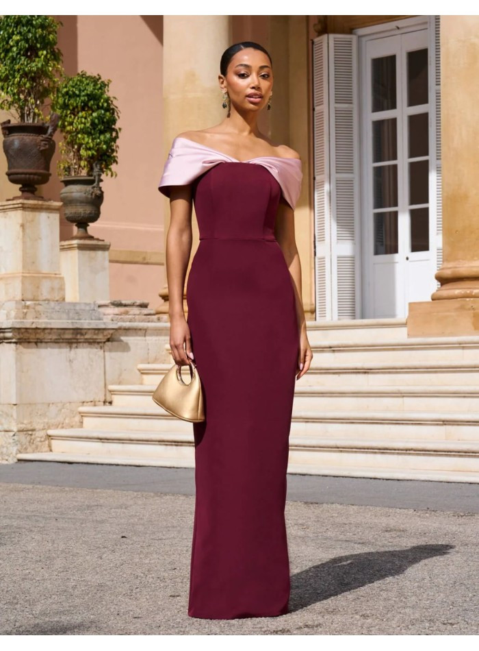 Burgundy Floor-Length Off-Shoulder Dress with Pink Detail Burgundy Floor-Length Off-Shoulder Dress with Pink Detail — Off the Shoulder Dresses 2027