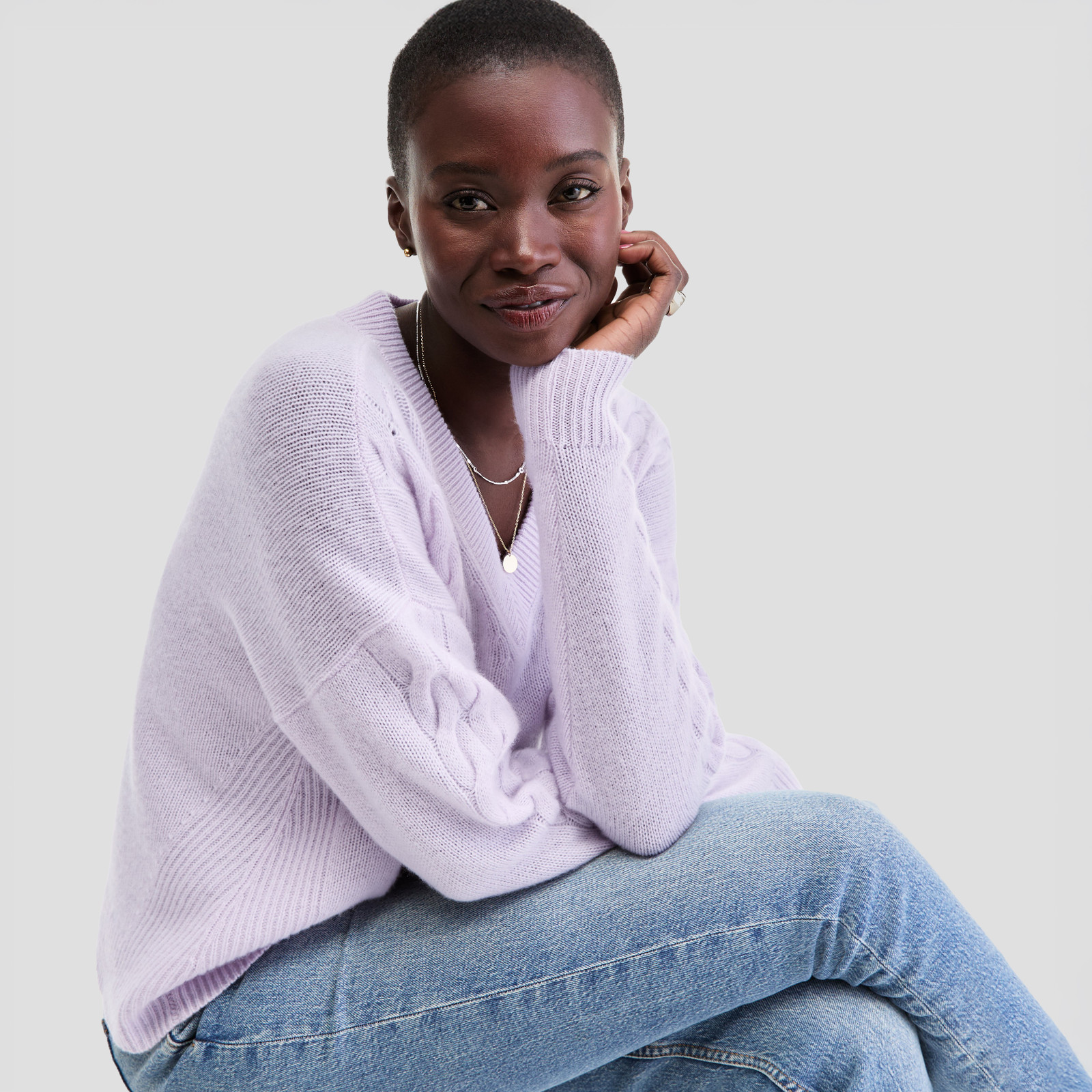 Lilac Oversized Sweater with Cable-Knit Sleeves and Jeans Lilac Oversized Sweater with Cable-Knit Sleeves and Jeans — Oversized Sweater Outfits 2027