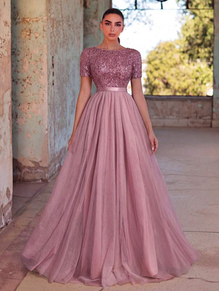 Dusty Rose Ballgown with Sequined Bodice and Corset Waist Dusty Rose Ballgown with Sequined Bodice and Corset Waist — Corset Prom Dresses 2027