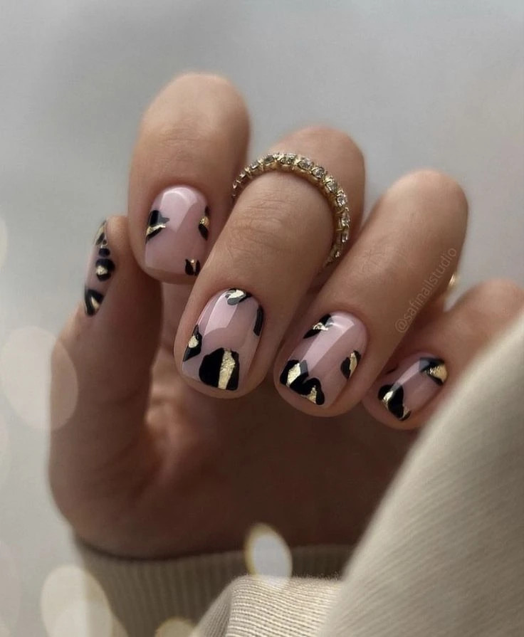 Glossy Short Square Sheer Nude Gold Leopard Accents Glossy Short Square Sheer Nude Gold Leopard Accents — Leopard Print Nails 2027