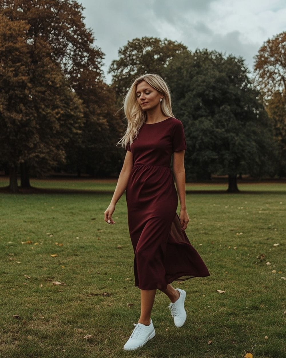 Burgundy Midi Dress With Cinched Waist Burgundy Midi Dress With Cinched Waist — Sneakers 2027 with Dress Outfits