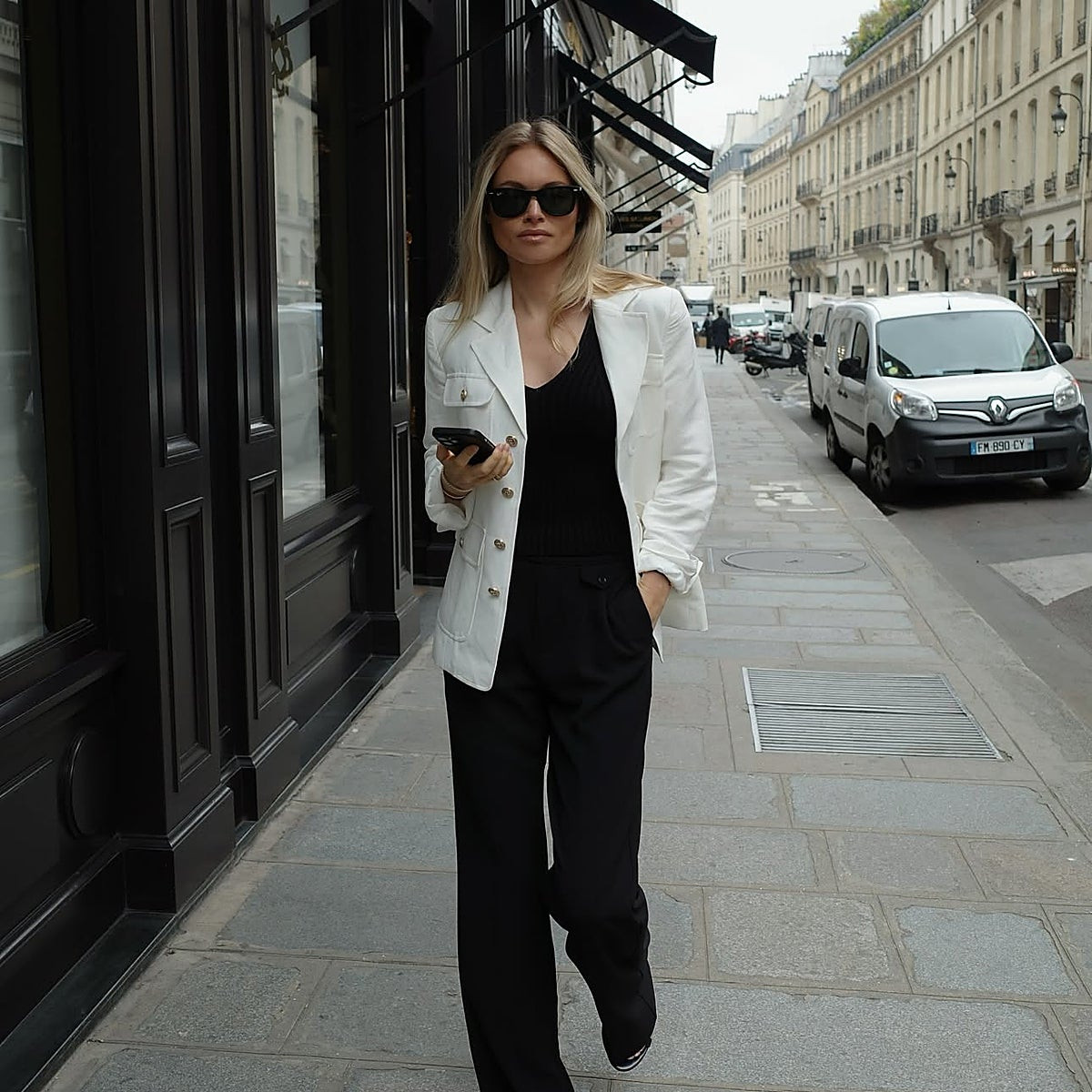 Black and White Power: Double-Breasted Blazer with Wide-Leg Trousers — Summer Work Outfits 2027