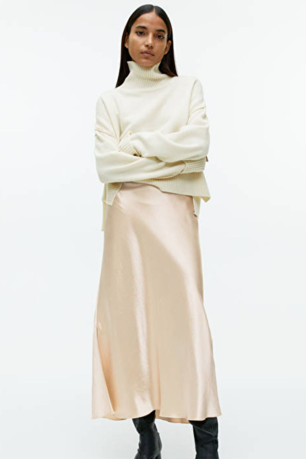 Cream Knit Turtleneck with Champagne Satin Skirt — Vanilla Girl Outfits 2027