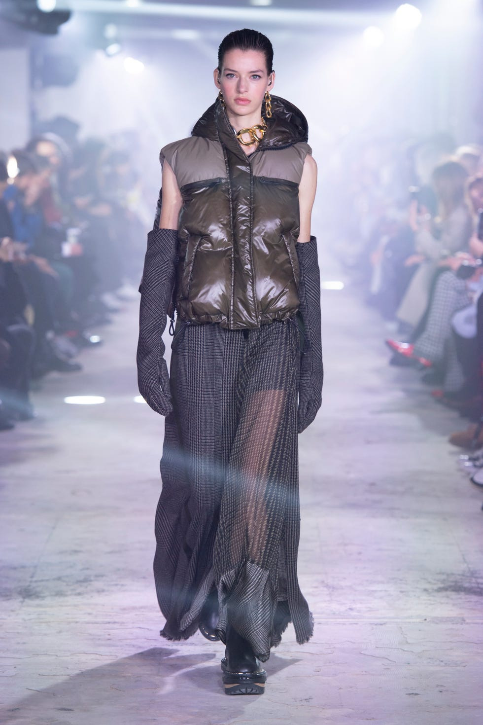 Runway Ready: Olive Green Vest with Plaid Skirt and Chunky Boots Runway Ready: Olive Green Vest with Plaid Skirt and Chunky Boots — Puffer Vest Outfits 2027