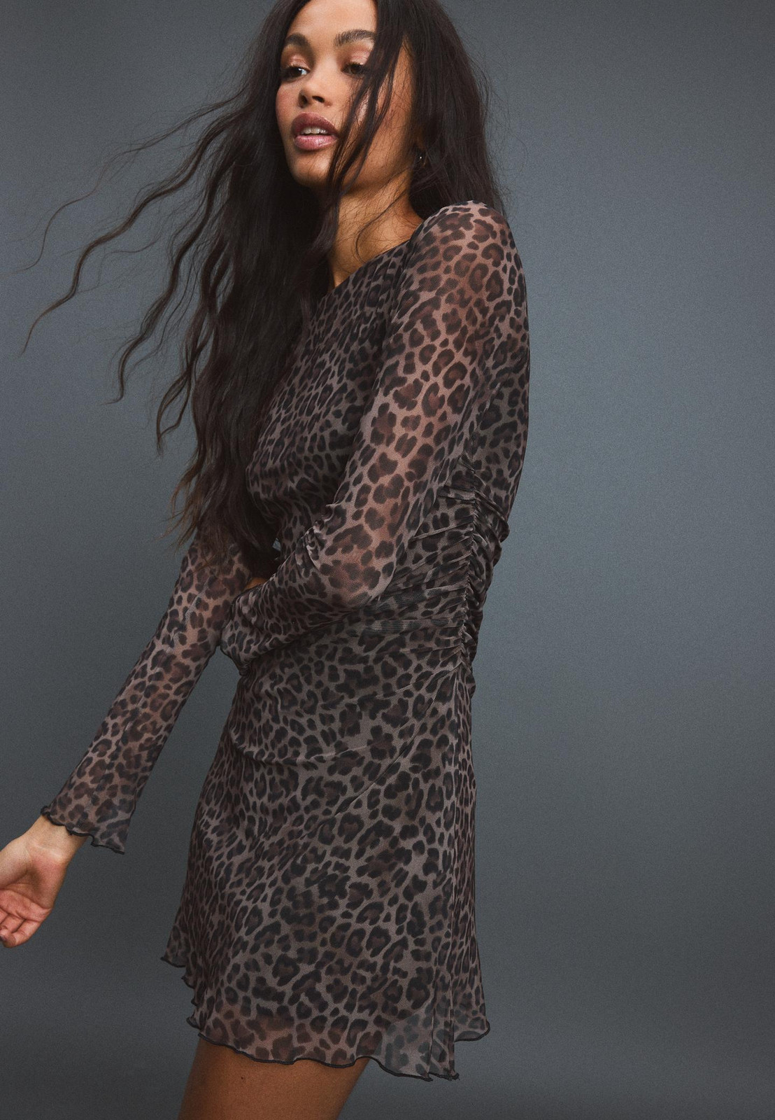 Sheer Leopard Print Mini Dress with Side Ruching — Mini Dresses 2027