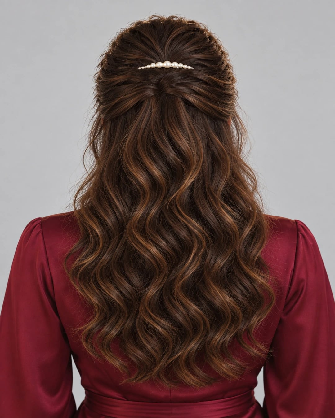 Dark Brown Half-Up Twisted With Pearls — Prom Hairstyles 2027