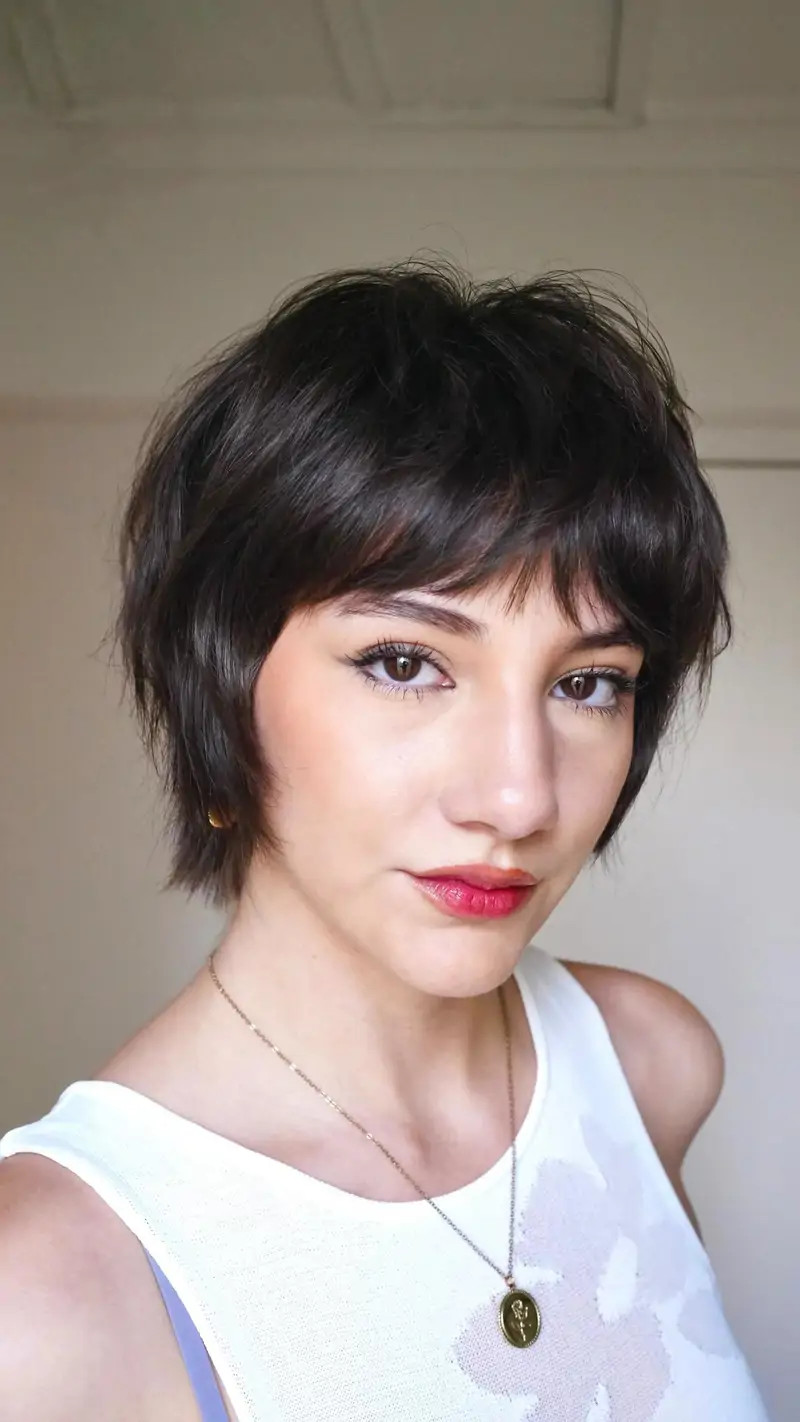 Short Choppy Choppy Textured Dark Brown Pixie — Pixie 2027 for Oval Face