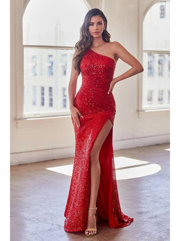 Dazzling Red Sequined One-Shoulder Dress with Ruched Bodice Dazzling Red Sequined One-Shoulder Dress with Ruched Bodice — Red Prom Dresses 2027