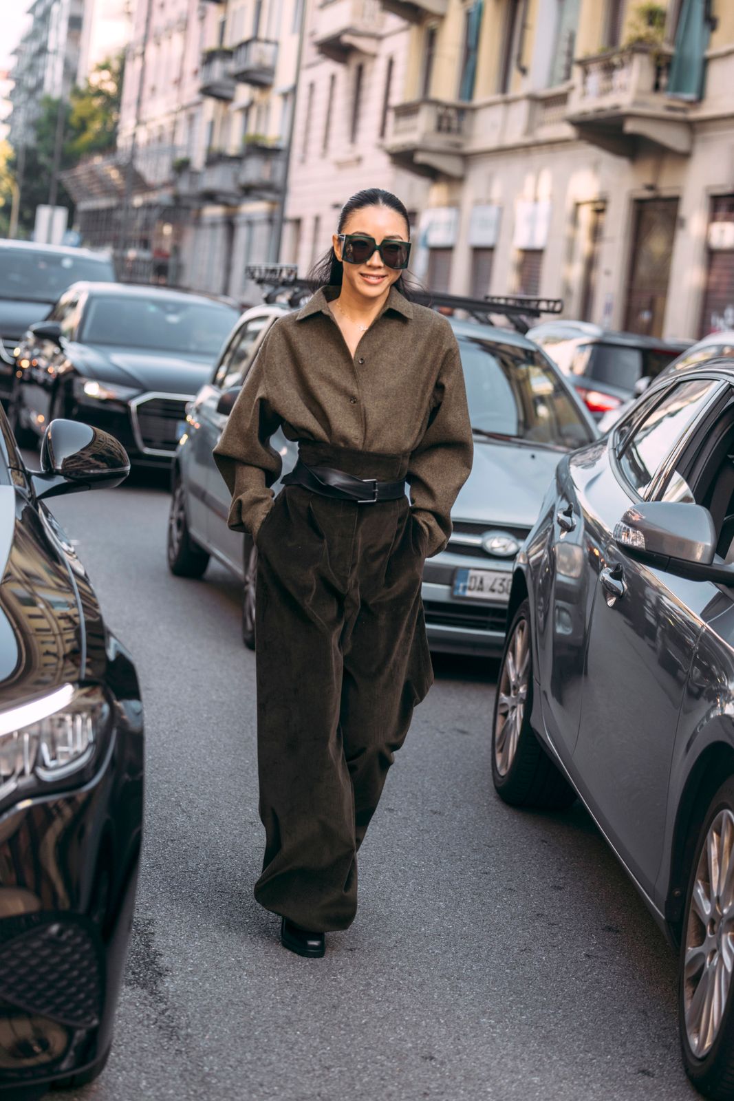 Olive Green Corduroy Suit with a Belted Waist Olive Green Corduroy Suit with a Belted Waist — Everyday Outfits 2027