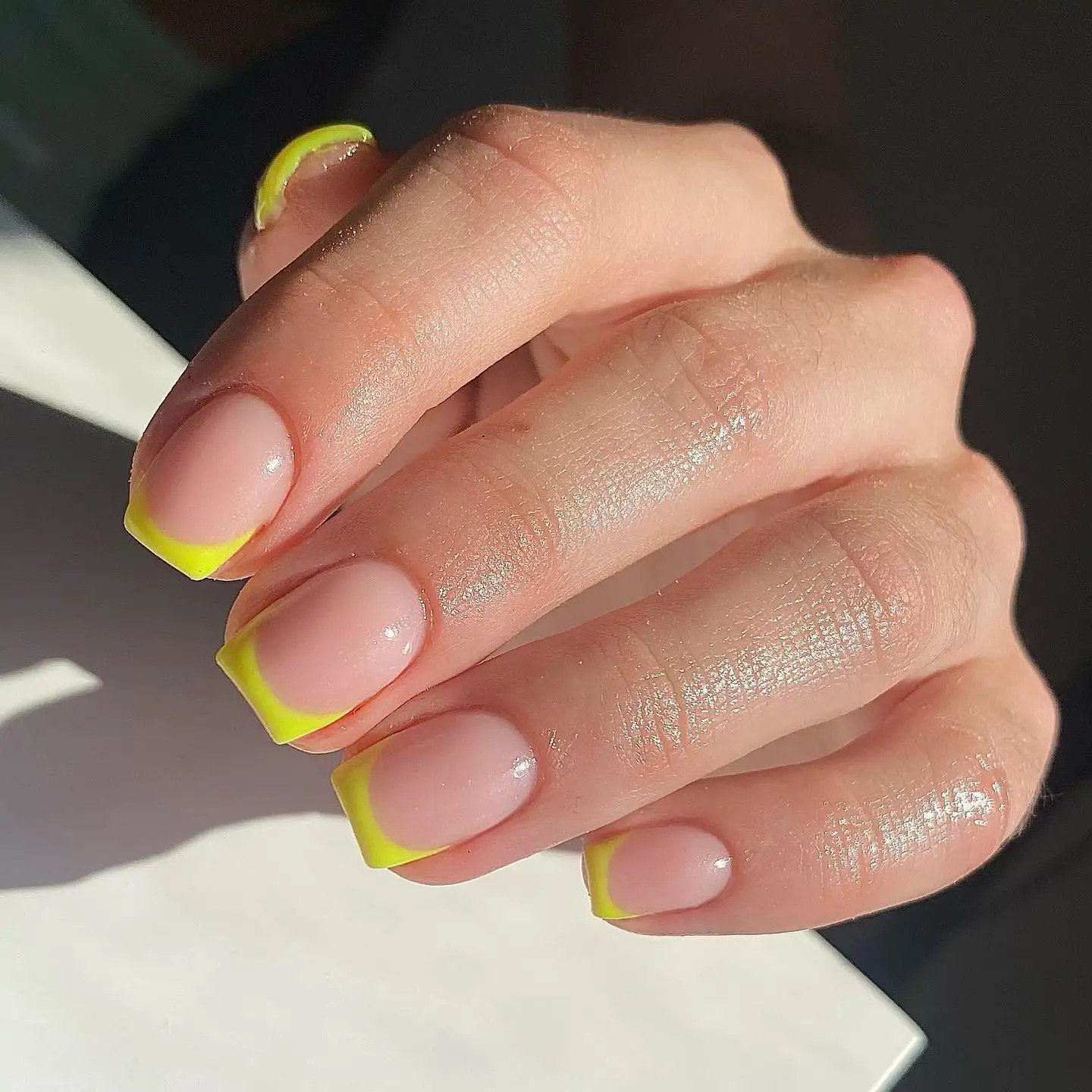 Sheer Pink with Bold Yellow French Tip Sheer Pink with Bold Yellow French Tip — Square Nails 2027