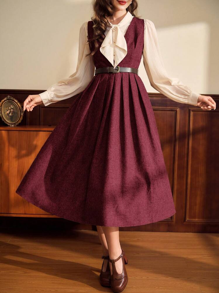 Burgundy Pleated Midi Dress Over Blouse for Church or Business Burgundy Pleated Midi Dress Over Blouse for Church or Business — Church Dresses 2027