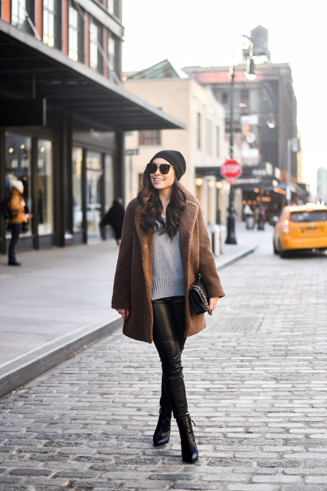 Urban Chic: Brown Teddy Coat with Leather Pants and Beanie — Teddy Coat Outfits 2027
