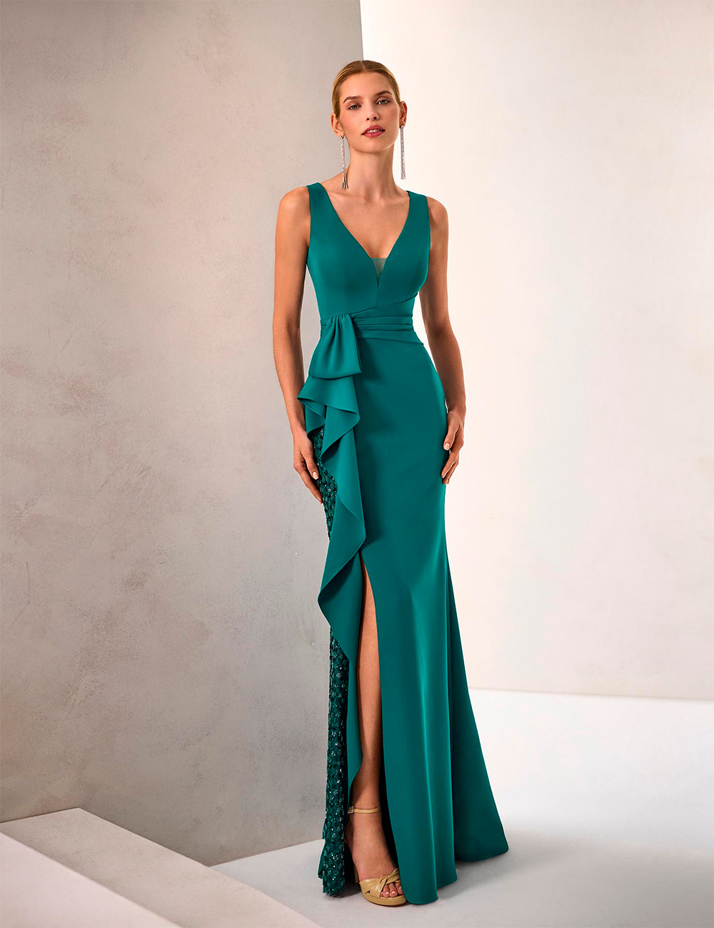 Deep Teal Satin Mermaid Gown with Plunging Neckline and Sequined Panel Deep Teal Satin Mermaid Gown with Plunging Neckline and Sequined Panel — Satin Prom Dresses 2027