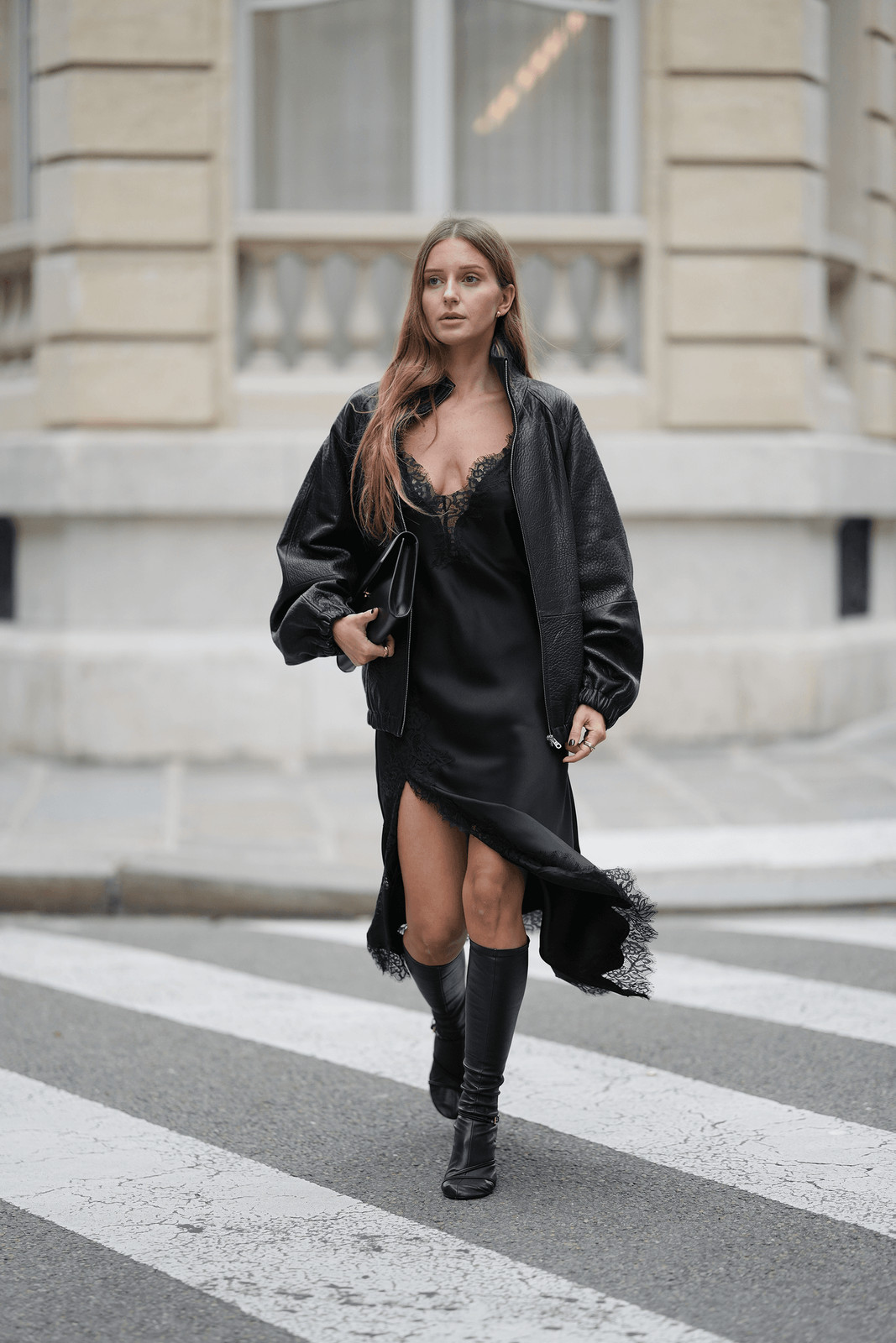 Lace-Trimmed Slip Dress with Leather Bomber and Knee-High Boots Lace-Trimmed Slip Dress with Leather Bomber and Knee-High Boots — Dress 2027 with Boots Outfit