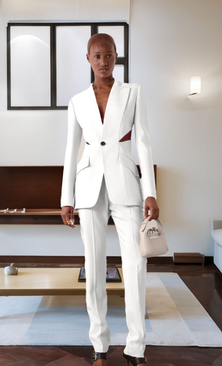 White Suit with Cut-Out Blazer Detail — Fitted Blazer Outfits 2027