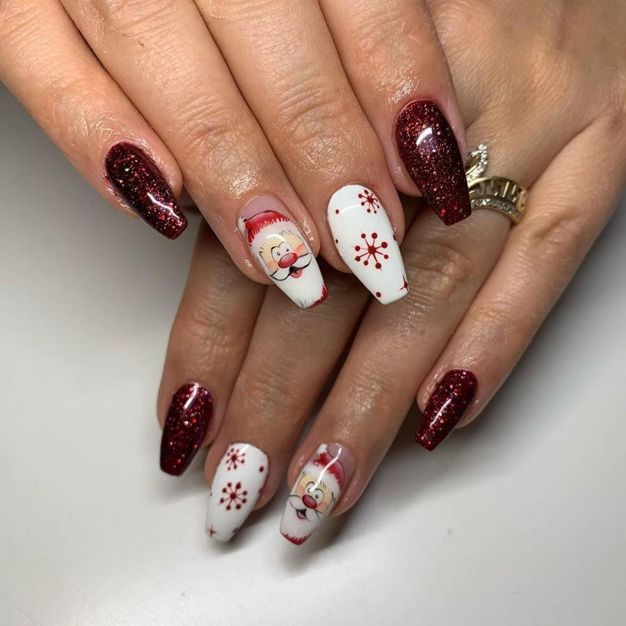 Long Coffin Santa Claus Glitter Nails Long Coffin Santa Claus Glitter Nails — Burgundy Christmas Nails 2026