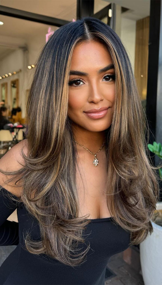 Dark Brown Blowout With Caramel Tones Dark Brown Blowout With Caramel Tones — Straight Hair Hairstyles 2027