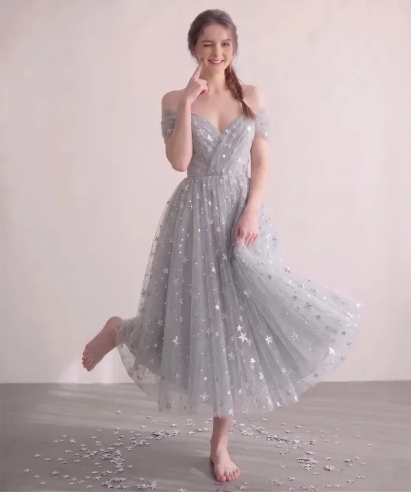 Grey Tea-Length Dress with Silver Star Embellishments Grey Tea-Length Dress with Silver Star Embellishments — Sweet 16 Dresses 2027