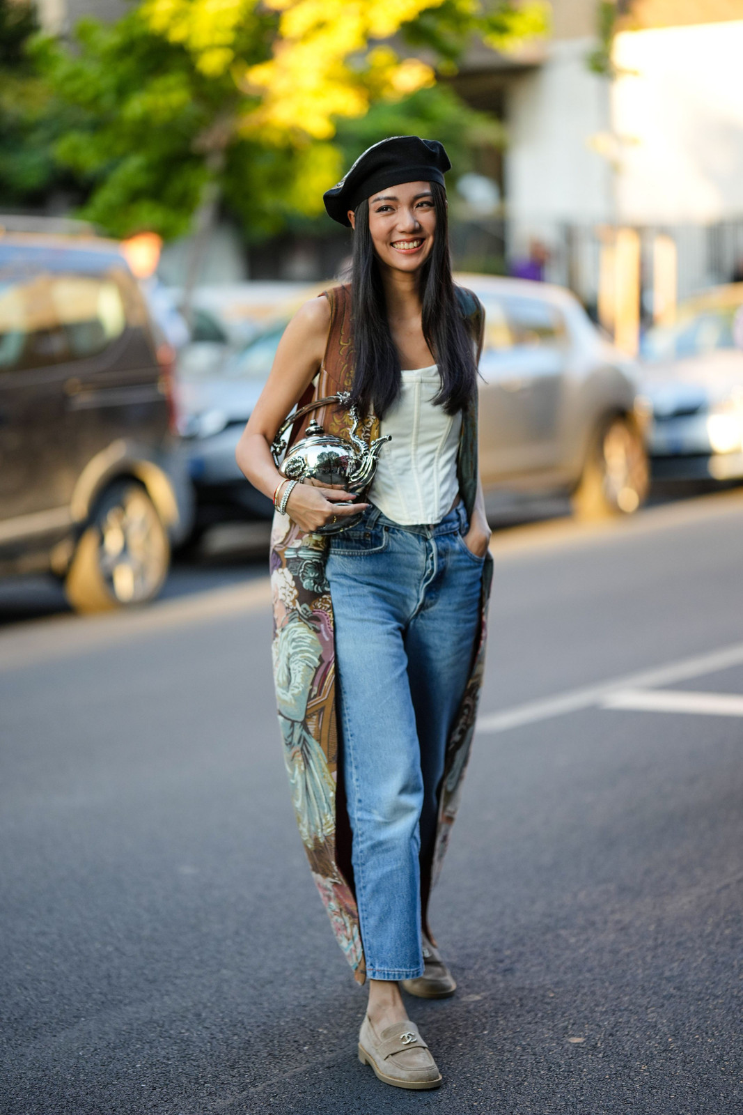 Eclectic Style: Patterned Vest, Corset Top, Jeans, and Loafers — Chunky Loafers Outfits 2027