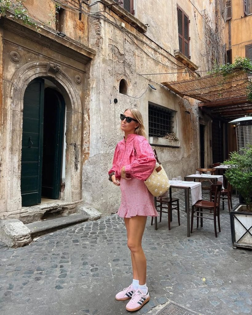 Pink Voluminous Blouse with Red Gingham Mini Skirt Pink Voluminous Blouse with Red Gingham Mini Skirt — Italy Summer Outfits 2027