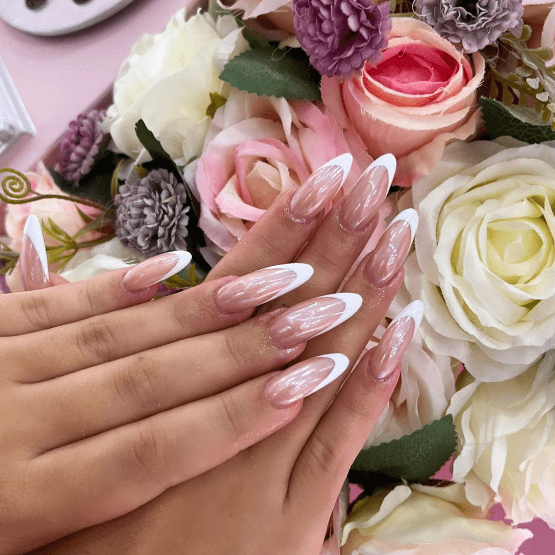 Stiletto Shimmer French Manicure — Wedding French Tip Nails 2027