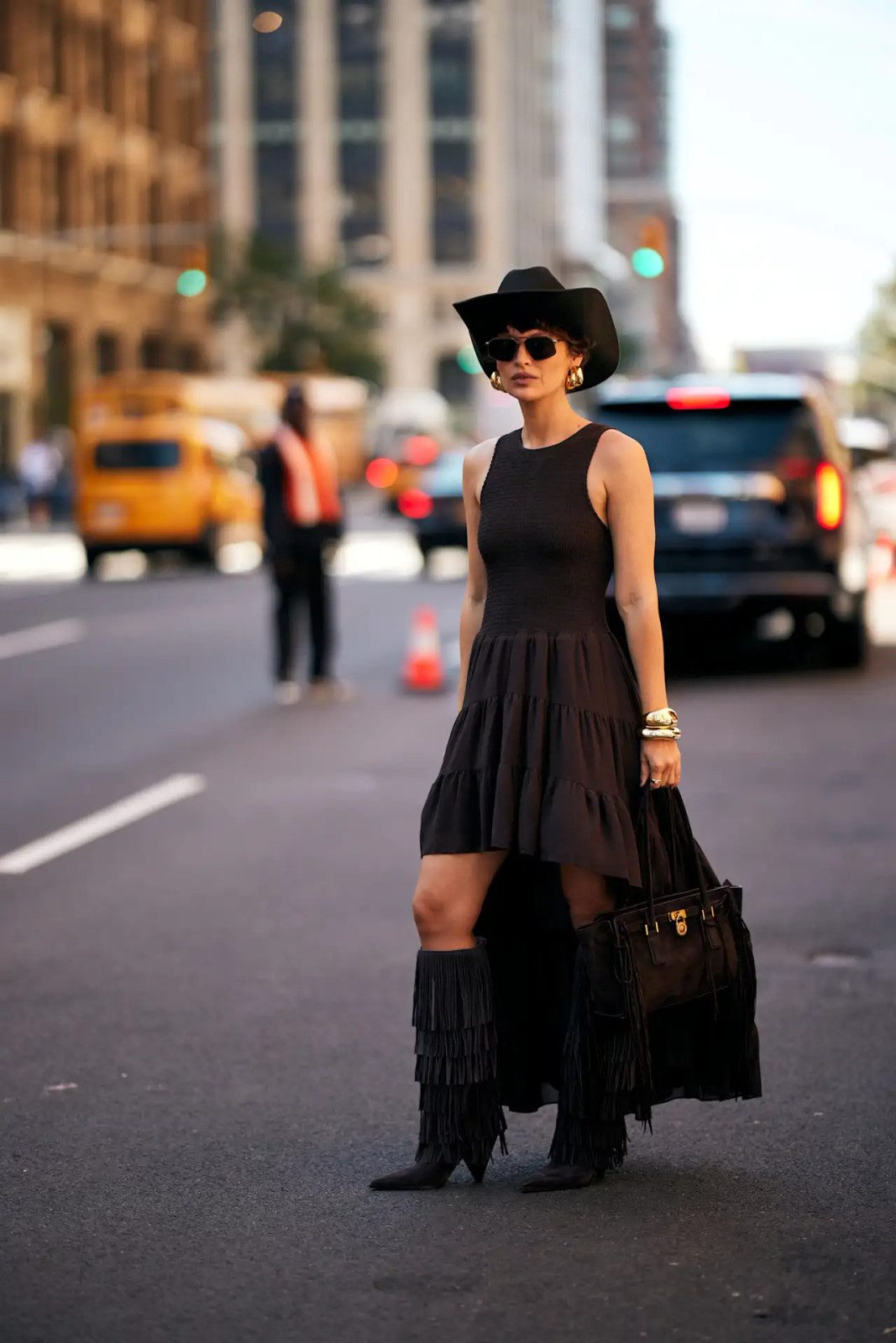 Black Tiered Ruffled Dress Outfit Idea Black Tiered Ruffled Dress Outfit Idea — Dress 2027 with Knee High Boots Outfit