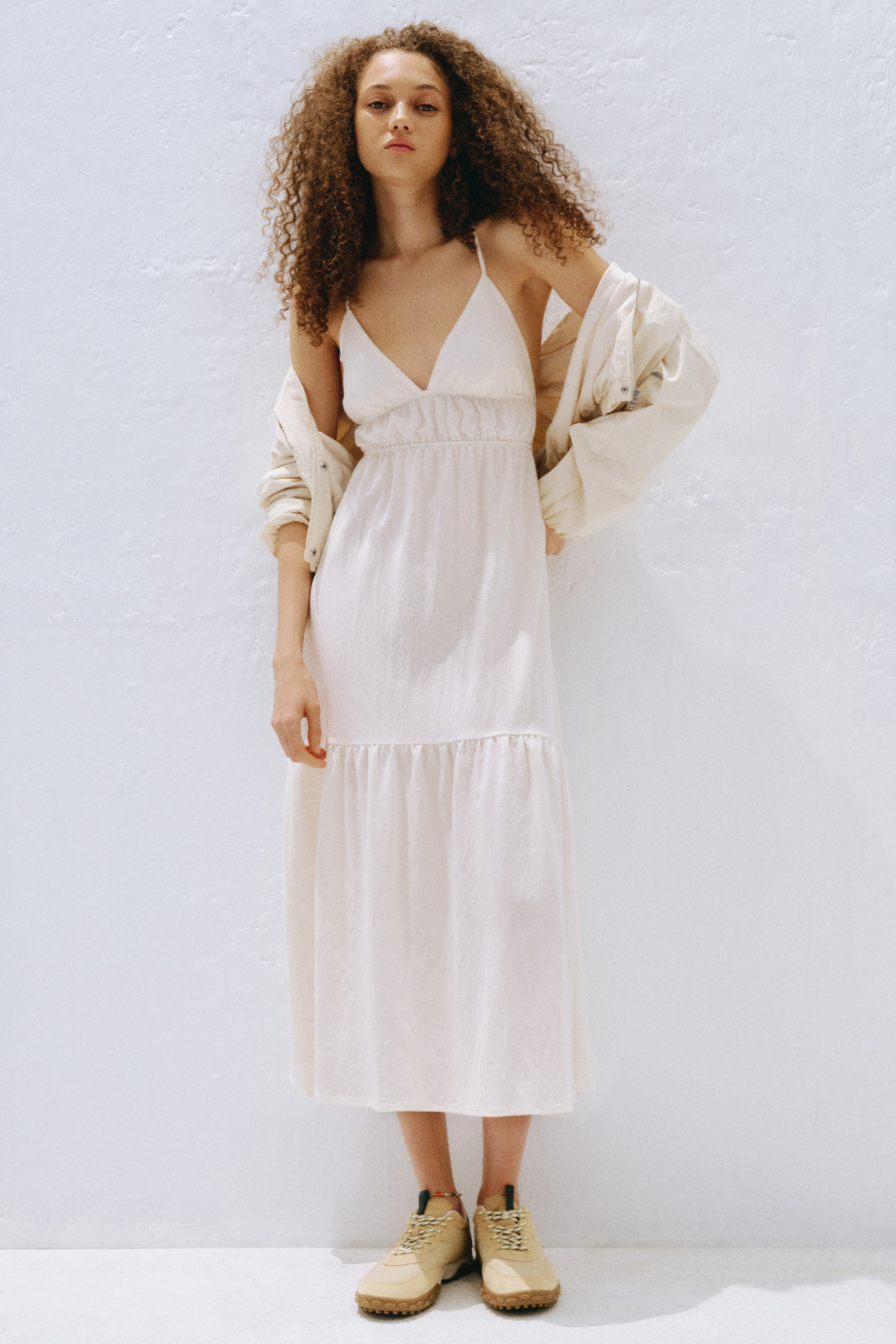Cream Linen Blend Camisole Dress with Tiered Skirt and Jacket Cream Linen Blend Camisole Dress with Tiered Skirt and Jacket — Tiered Dresses 2027