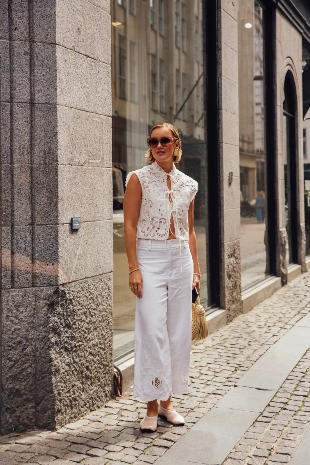 Lace Details in White Top and Trousers with Pink Flats Lace Details in White Top and Trousers with Pink Flats — Summer Outfits 2027 with Sandals