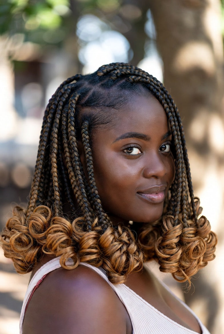 Collarbone Box Braids with Blonde Curls Collarbone Box Braids with Blonde Curls — Bob Braids 2027