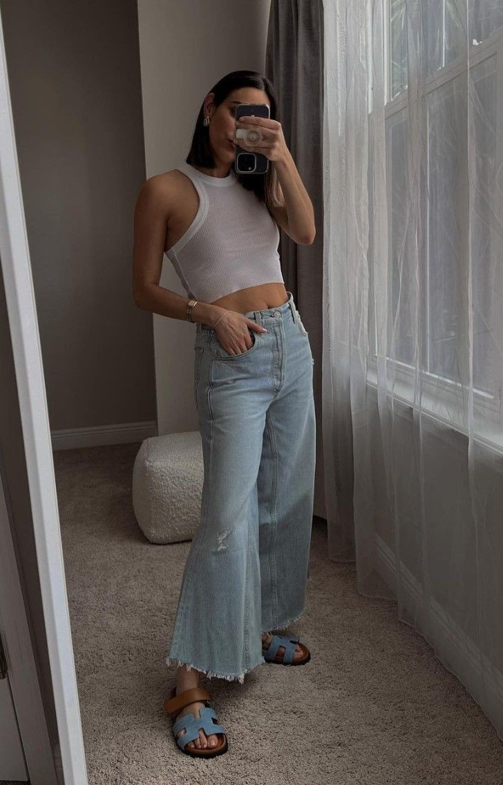 Cuffed Hems and Ribbed Knit Tee with Grey Wide-Leg Jeans — Wide Leg Jeans Outfits 2027