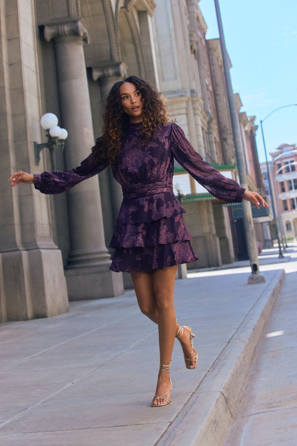 Purple and Pink Paisley Chiffon Mini Dress with Puff Sleeves — Cocktail Party Outfits 2027