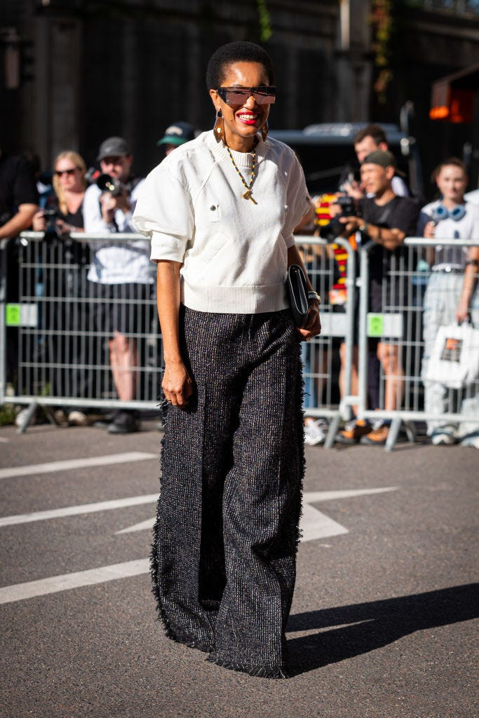 Fringed Wide-Leg Trousers with Puff-Sleeve Sweatshirt Fringed Wide-Leg Trousers with Puff-Sleeve Sweatshirt — Outfits 2027 for Black Women